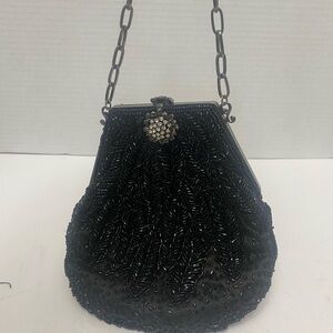 Jessica McClintock Black Beaded Clutch with Chain